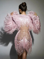 Cyvra Fringe Mesh Mini Dress With Coat In Pink