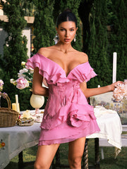 Dabney V Neck Ruffle Mini Dress In Pink