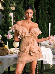 Dabney V Neck Ruffle Mini Dress In Champagne