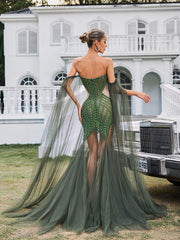 Daelis Off Shoulder Rhinestone Mesh Maxi Dress