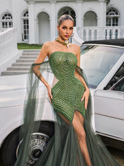 Daelis Off Shoulder Rhinestone Mesh Maxi Dress