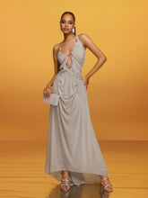 Daiki Halterneck Ruched Maxi Dress In Apricot
