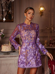 Dallan Long Sleeve Floral Embroidered Mini Dress