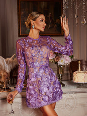 Dallan Long Sleeve Floral Embroidered Mini Dress