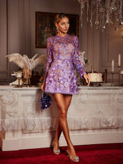 Dallan Long Sleeve Floral Embroidered Mini Dress
