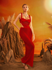 Dazmir Spaghetti Cutout Knitted Skirt Set In Red