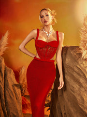 Dazmir Spaghetti Cutout Knitted Skirt Set In Red