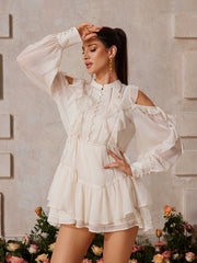 Deltrix Long Sleeve Ruffle Cutout Mini Dress