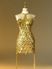 Diego Rhinestone Fringe Mini Dress In Gold