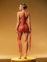Diego Rhinestone Fringe Sequin Mini Dress In Red