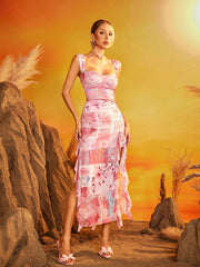 Drazion Ruched Floral Leopard Split Midi Dress