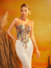 Drynthos Strapless Lace Up Floral Top