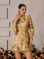 Duskel Flower Embroidered Mini Dress In Yellow