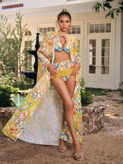 Dyzor Cape Printed Bikini Three Piece Set