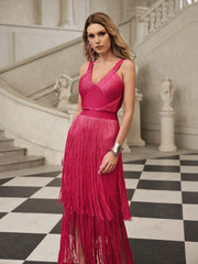 Eldrix V Neck Fringe Bandage Maxi Dress In Hot Pink