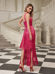 Eldrix V Neck Fringe Bandage Maxi Dress In Hot Pink