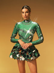 Ella Long Sleeve Embellished Mini Dress In Green