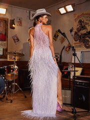 Elvrik Halterneck Fringe Cutout Split Maxi Dress In Blush