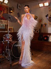 Elvrik Halterneck Fringe Cutout Split Maxi Dress In Blush