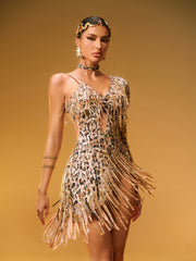 Elyon Cutout Leopard Fringe Mini Dress