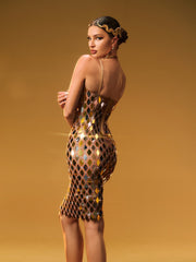 Elysion Spaghetti Acrylic Embellished Mini Dress