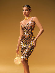 Elysion Spaghetti Acrylic Embellished Mini Dress