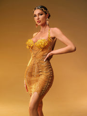 Misael Halterneck Crystal Mesh Mini Dress In Gold