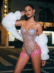 Eoin Rhinestone Fringe Bodysuit In Pink