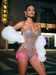 Eoin Rhinestone Fringe Bodysuit In Pink