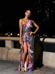 Ernest Strapless Feather Split Sequin Dress