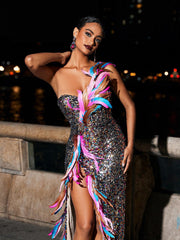 Ernest Strapless Feather Split Sequin Dress
