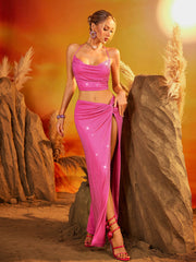 Eryndis Rhinestone Split Skirt Set In Hot Pink