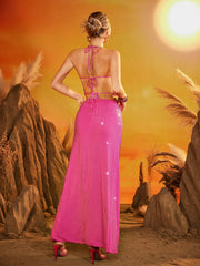 Eryndis Rhinestone Split Skirt Set In Hot Pink