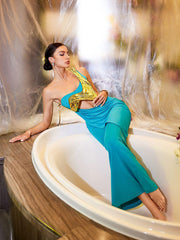 Esaac Metallic Drapery Armor Top In Gold