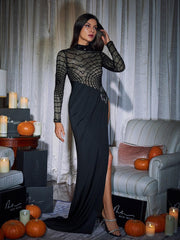 Esmeree Long Sleeve Cobweb Sequin Split Dress