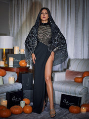 Esmeree Long Sleeve Cobweb Sequin Split Dress