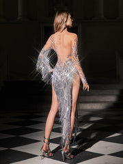 Ezron High Neck Rhinestone Fringe Bodysuit In Silver