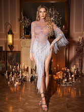 Ezron High Neck Rhinestone Fringe Bodysuit In White