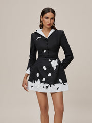 Fazra V Neck Embroidered Flower Mini Dress In Black
