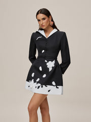 Fazra V Neck Embroidered Flower Mini Dress In Black