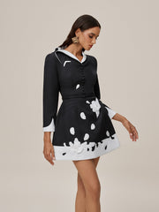 Fazra V Neck Embroidered Flower Mini Dress In Black