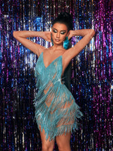 Fiadh Crystal Chain Fringe Mesh Mini Dress In Blue