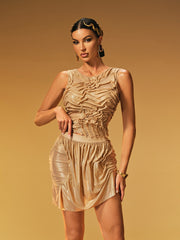 Fryxan Sleeveless Ruched Mesh Skirt Set In Brown