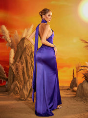 Fyria Halterneck Flower Satin Maxi Dress