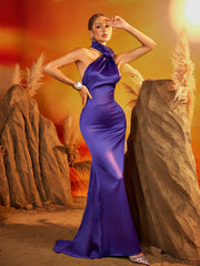 Fyria Halterneck Flower Satin Maxi Dress