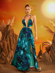 Fyrion Halterneck Cutout Printed Maxi Dress