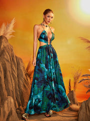 Fyrion Halterneck Cutout Printed Maxi Dress