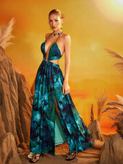 Fyrion Halterneck Cutout Printed Maxi Dress