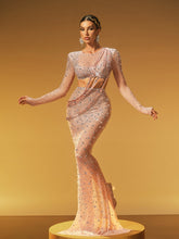 Gaelara Long Sleeve Embellished Split Skirt Set In Nude