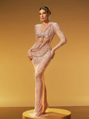 Gaelara Long Sleeve Embellished Split Skirt Set In Nude